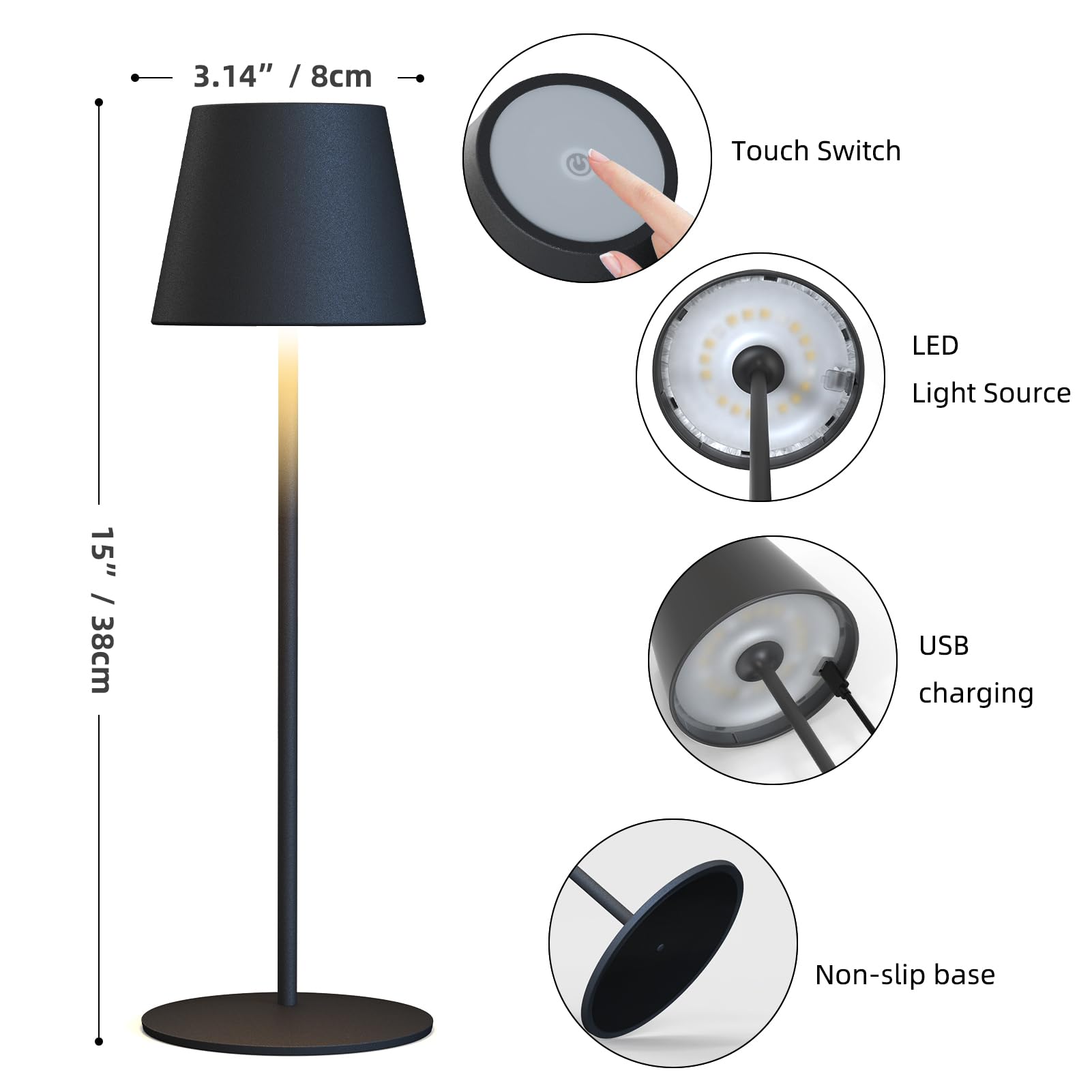 FUYO 2 pezzi Lampada da tavolo senza fili touch lampada da tavolo LED a batteria dimmerabile 3000-6000K con funzione di memoria, IP54 impermeabile per interni esterni camera da letto (Nero)
