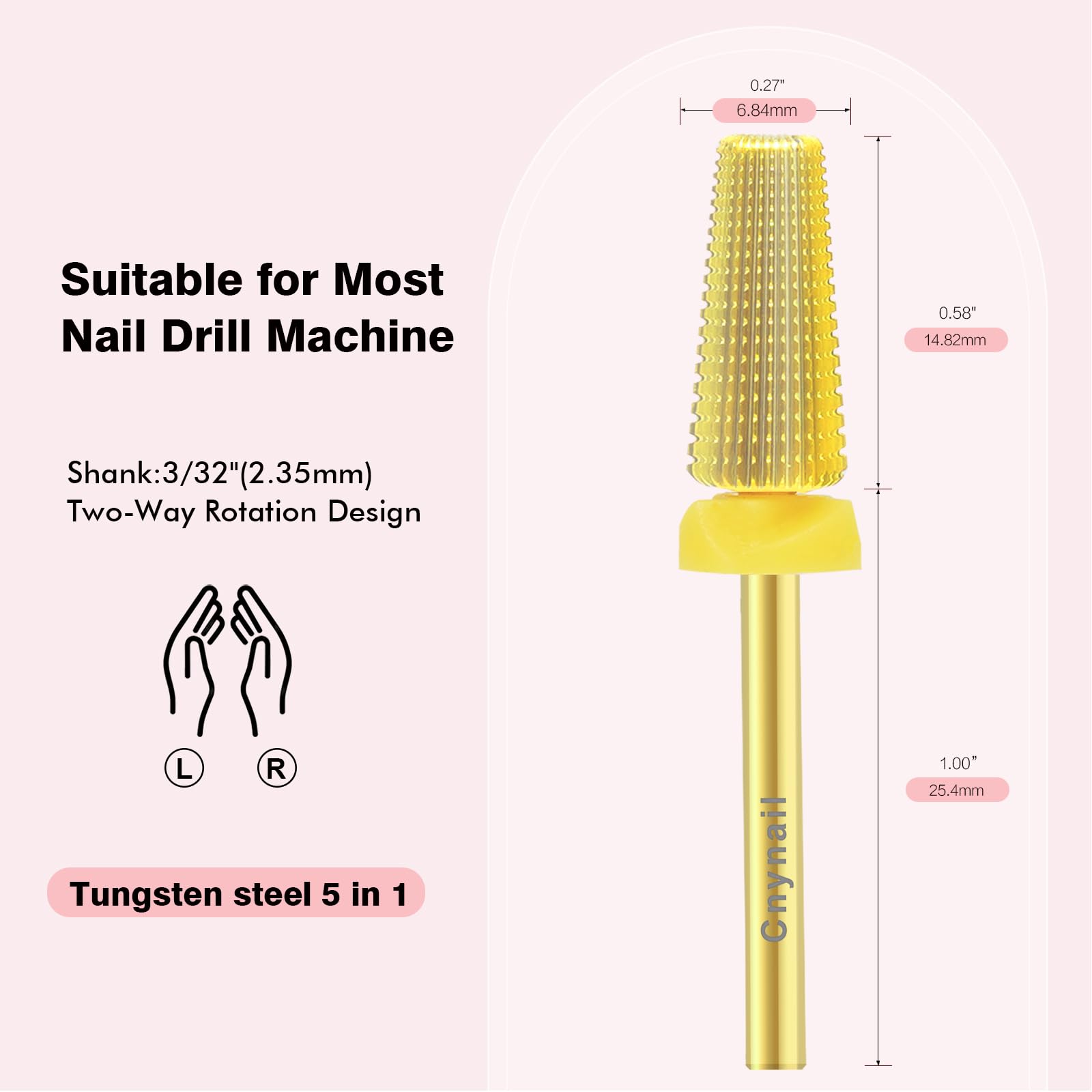 Punta per trapano per unghie 5 in 1, in carburo di tungsteno, multifunzione, per unghie acriliche, gel duri, rimozione cuticole, gambo da 3/32", rotazione bidirezionale per mancini e destrorsi