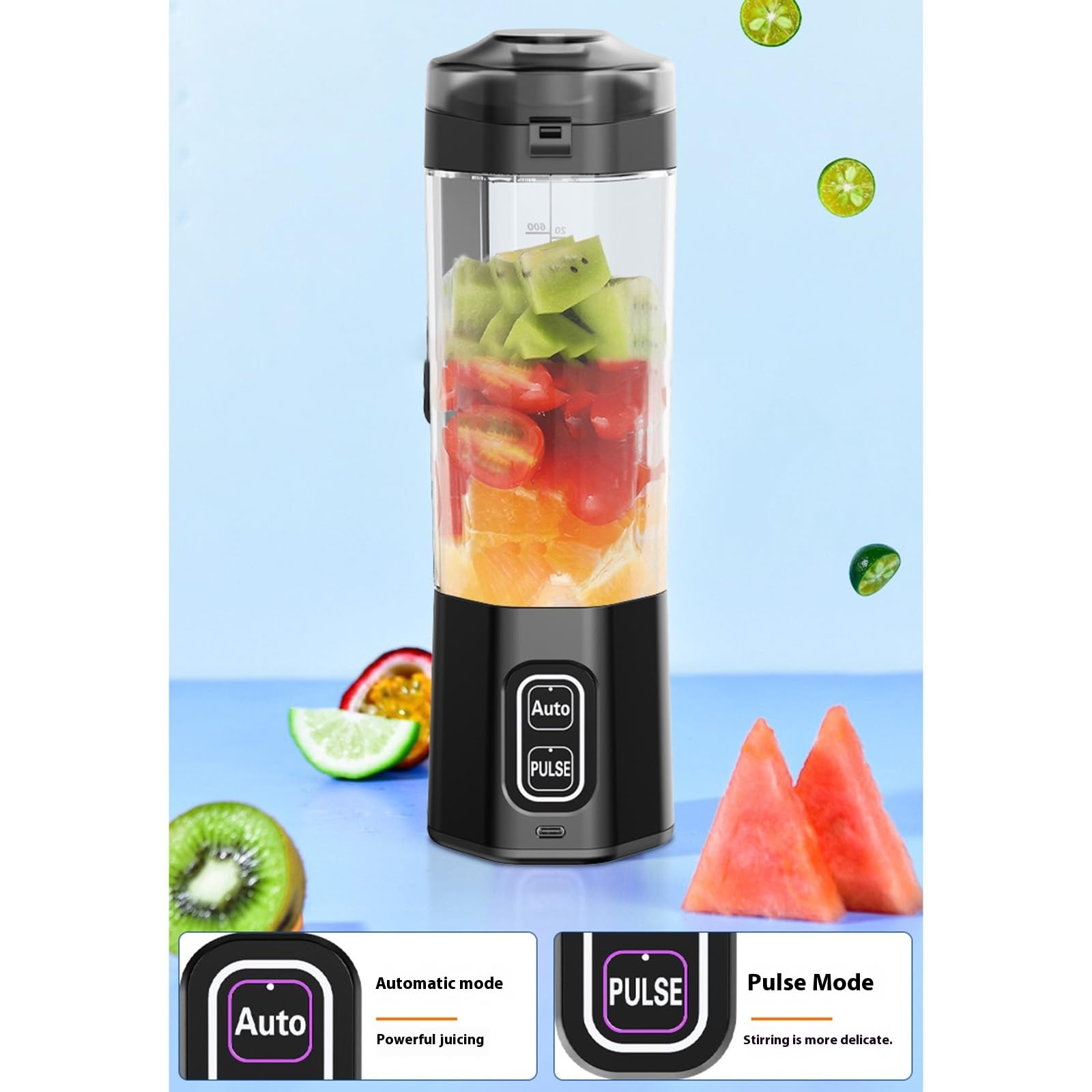 Mélangeur portable 200 W pour shakes, 6000 mAh, rechargeable, tasse de presse-agrumes de 600 ml pour la cuisine, le bureau, rechargeable pour les voyages, la salle de sport, le bureau, la fabrication