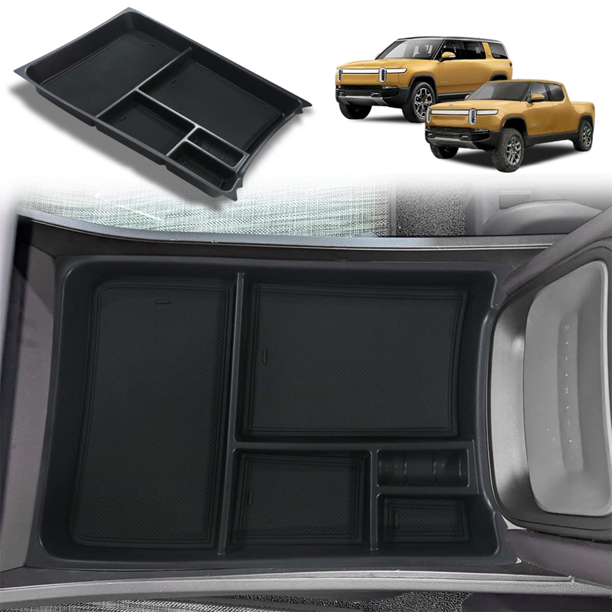 BestEvMod for Rivian R1T & Rivian R1S Lower Center Console Organizer Tray Interior Accessories Storage Box ABS Material with PVC Trim Compatible with Rivian R1T/R1S 2022 2023 2024 Accessories (Black)