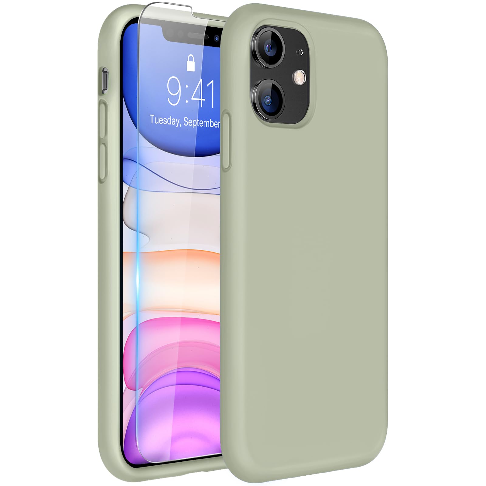 miracase Designed for iPhone 11 Phone Case, with Screen Protector, Liquid Silicone Gel Rubber Drop Protection Shockproof Cover Phone Case for iPhone 11, Patina Green