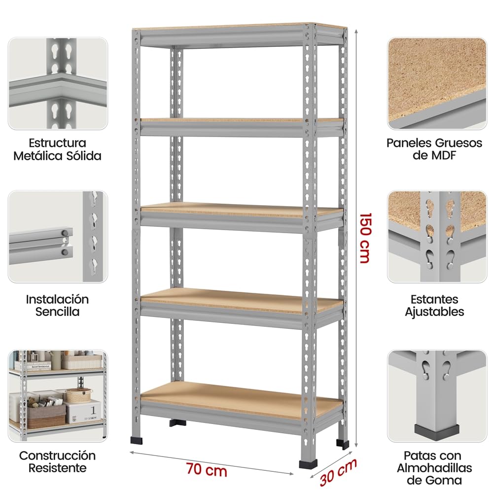 Yaheetech Estantería Metálica Galvanizada 150x70x30cm Estanterias Almacenaje de 5 Niveles Estante Industrial de Almacenamiento para Trastero Garaje Taller Carga de 750 kg sin Tornillos Gris Claro