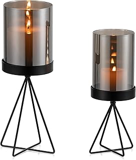 Sziqiqi Lantern Candle Holder Black Decoration: Metal Candle Holder Pillar Candles with Grey Glass Cylinder Table Decoration - Modern Candle Holder Geometric for Living Room Windowsill Outdoor Outdoor