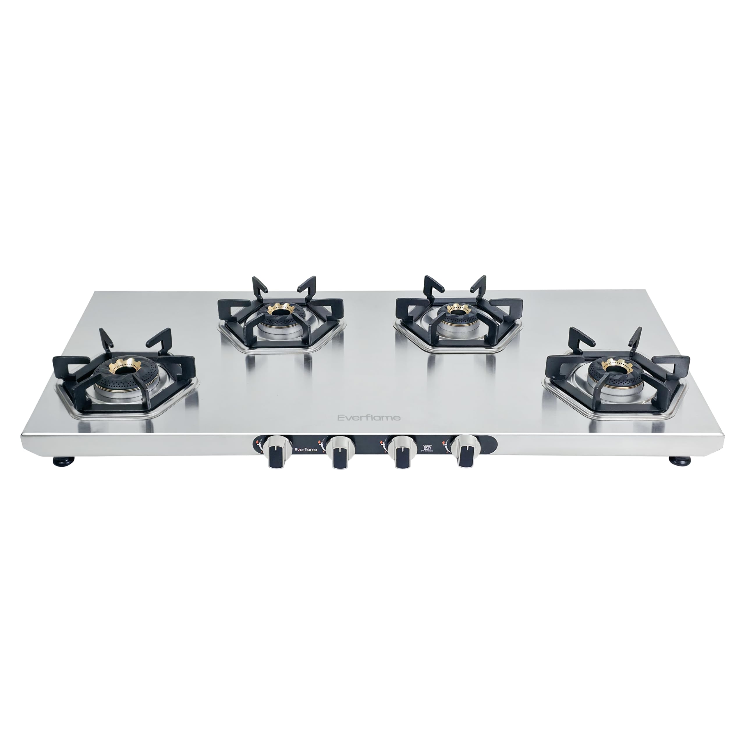 Everflame Hexon Long 4 Burner Stainless Steel Gas Stove | 2mm Thick Jointless SS Body | 3D Forged Brass Burner | ISI Certified | Manual Ignition | 2 Years Manufacturer Warranty