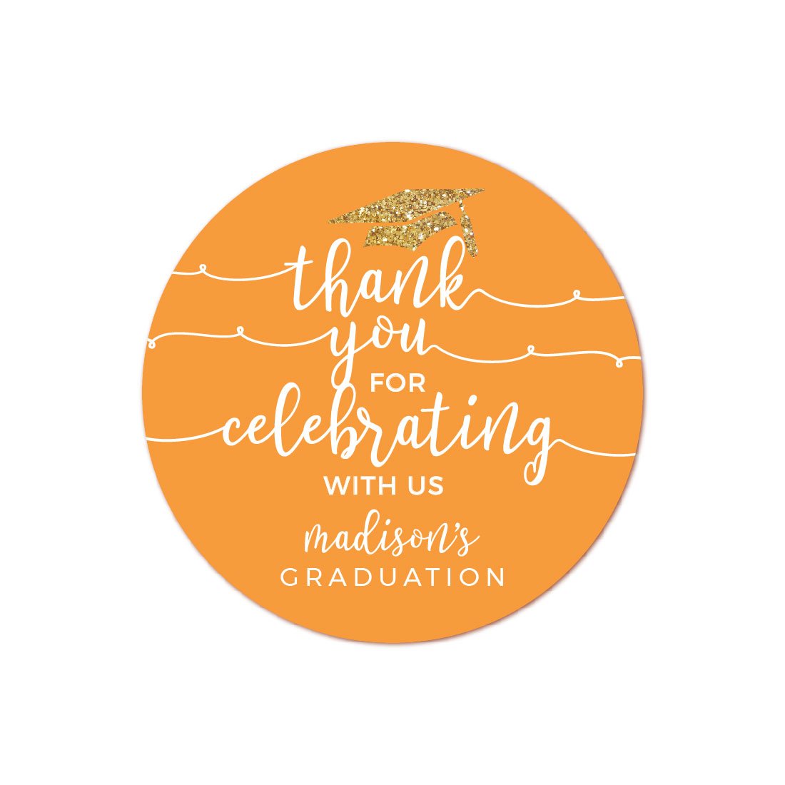 Andaz Press Orange and Gold Glittering, Personalized Graduation Circle Labels, Thank You for Celebrating with US, 40-Pack, Graduation Stickers Custom