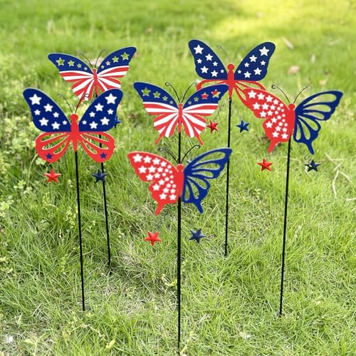 Image of 6 Pcs 4th of July Decorations Outdoor,18.2 inch Red White Blue Metal Butterfly Decorative Garden Stakes for Independence Day,Americana Patriotic Yard Signs Decor for Garden Lawn Porch