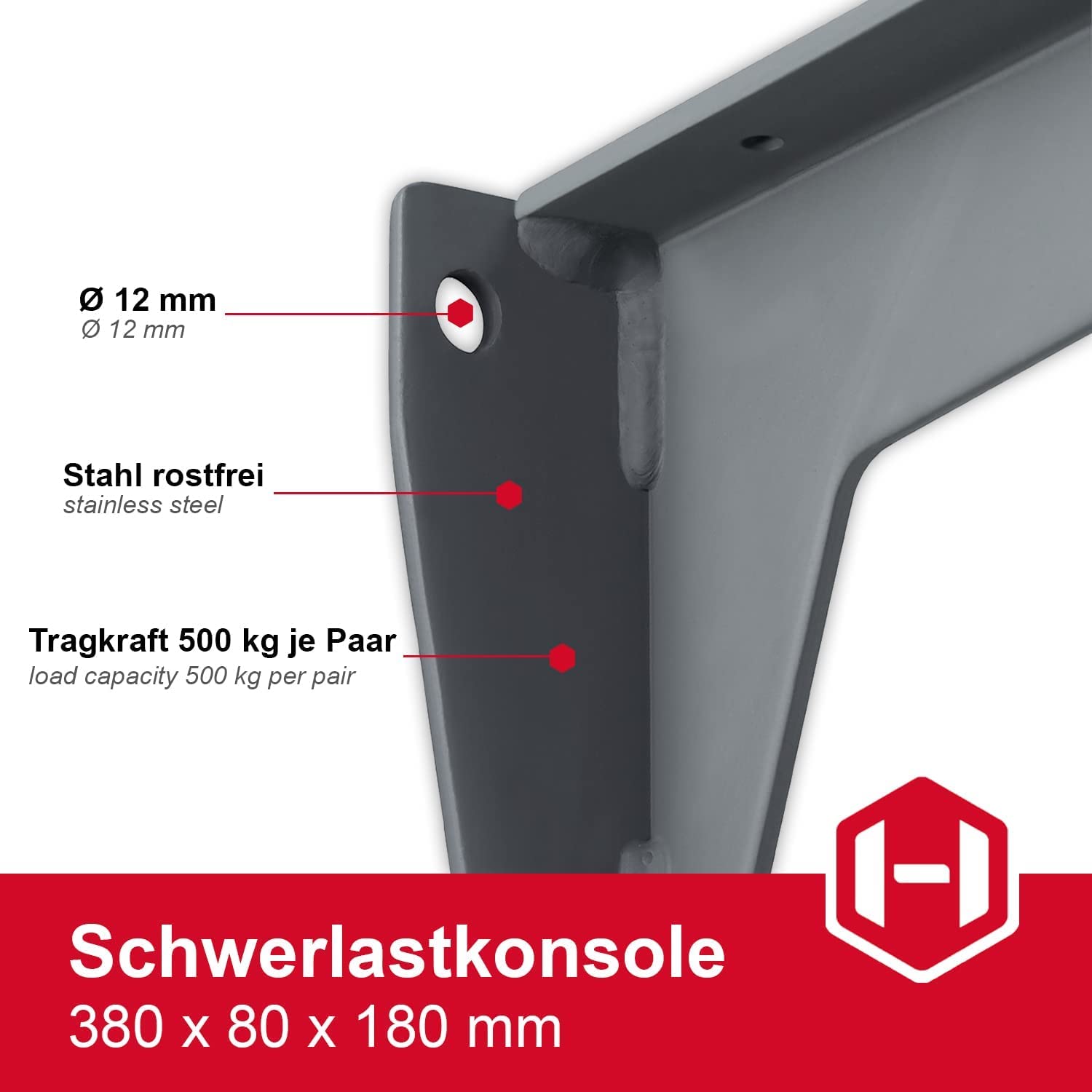 Gedotec Schwerlast-Konsole | 2 Stk - Regal Winkelträger | MIRA Strong | Länge 780 mm | Tragkraft 500 kg per Paar | Regalhalterung Stahl massiv grau | Regal Halterung Wand - Regalträger für Wandmontage