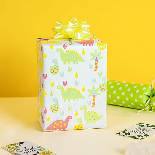 Miniatura 4 de WRAPAHOLIC Papel de regalo reversible, mini rollo, 17 pulgadas x 33 pies, diseño de dinosaurio y lunares para cumpleaños de niños, fiestas, baby