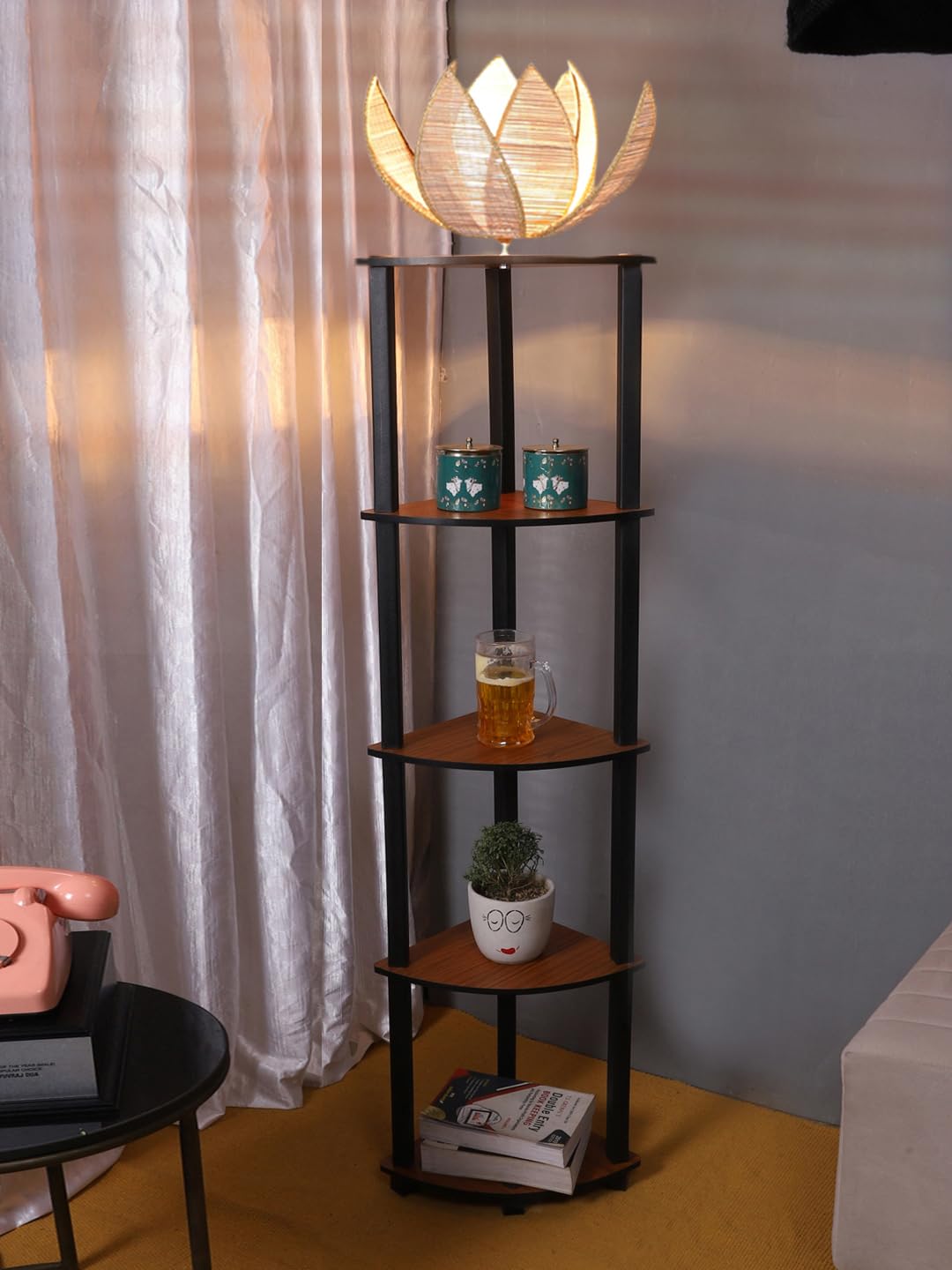 Devnash Flower Shade Floor Lamp with Wooden Shelves – 65.5 Inch Height | Modern 4-Tier Corner Shelf Lamp for Home Décor, Living Room, Bedroom & Office | Standing Jute Shade Ambient Lighting Rack-picture-12