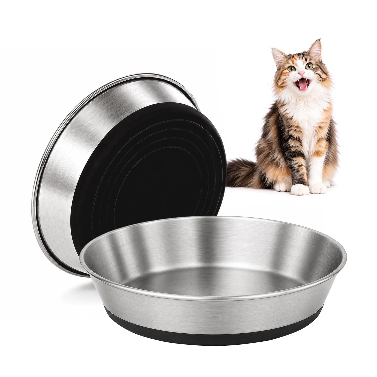 2 Piezas Cuencos para Gatos de Acero Inoxidable, con Base Antideslizante de Silicona, Comederos Planos y Anchos para Gatos y Perros Pequeños, Aptos para Lavavajillas