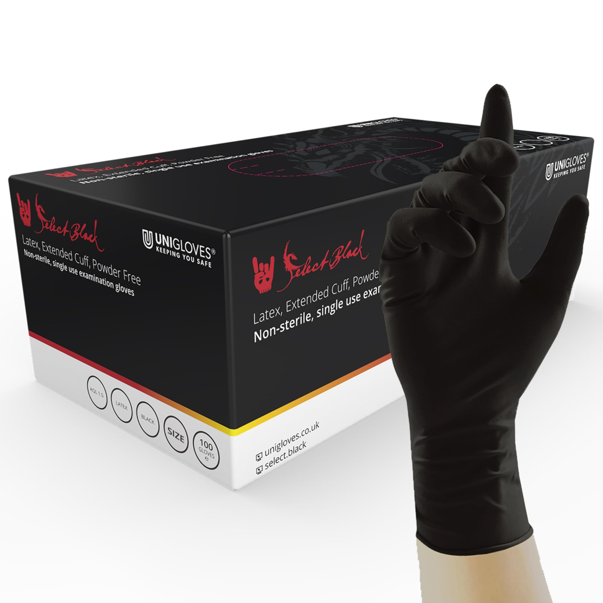 Unigloves Select Black Latex Extended Cuff GT0014 Single Use - Multipurpose, Powder Free Disposable Gloves, Optimised for Tattoo Artists, Box of 100 Gloves, Black, Large