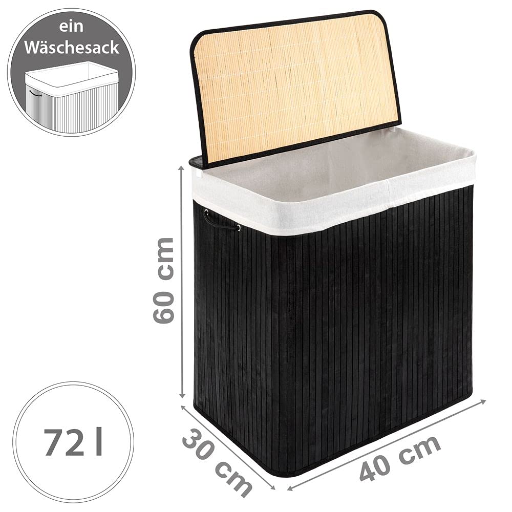 PANA®ECO Cesto biancheria in bambù con coperchio - 72 L, 40x30 x 60 cm - N | Sacco biancheria rimovibile - Cesto pieghevole - Compatto, pratico e robustoo - 100% Bambus - Ampia capacità