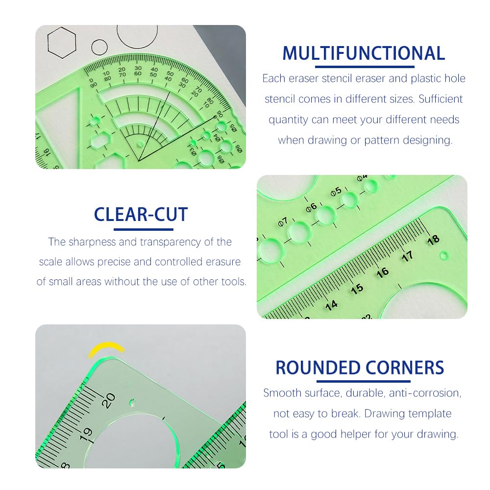 9 Piezas Plantillas Reglas Geometricas Escudo de Borrado de Acero Inoxidable plantillas de Dibujo Geométrico Verde Plantillas de Medición de Plástico Plantilla Circulares para Escuela Oficina