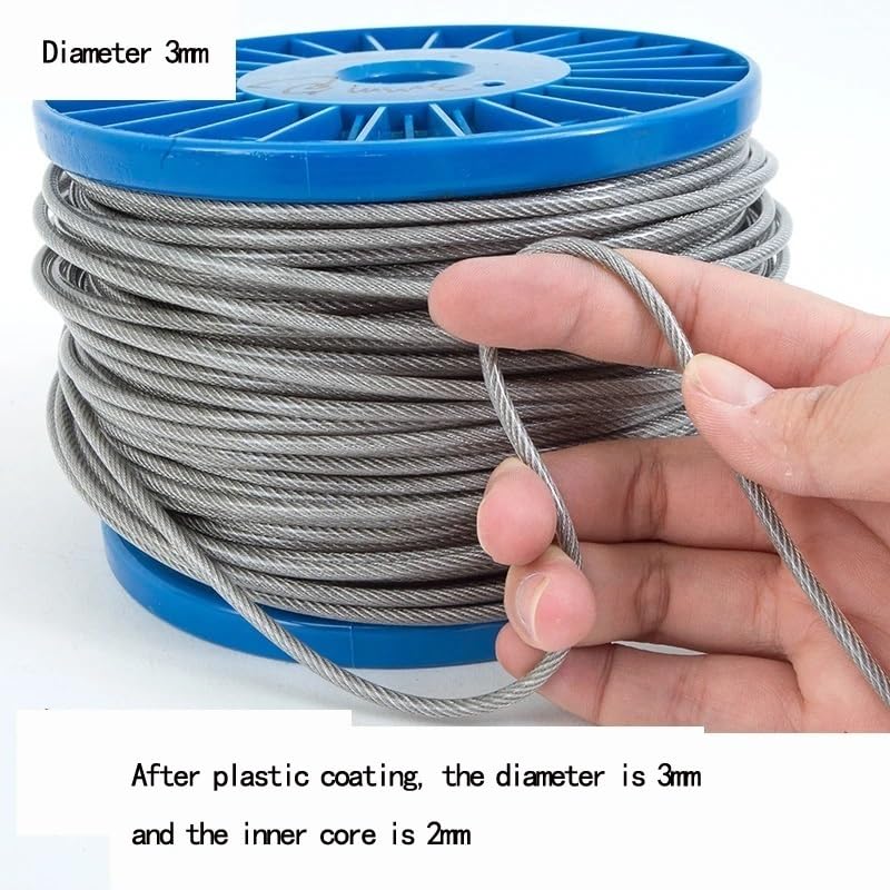 Fune metallica in acciaio rivestita in PVC, Diametro multicolore 2-5mm del cavo metallico rivestito PVC dell'acciaio inossidabile 304 50-100m(Black,50 METERS-OUTER DIAMETER 3MM)