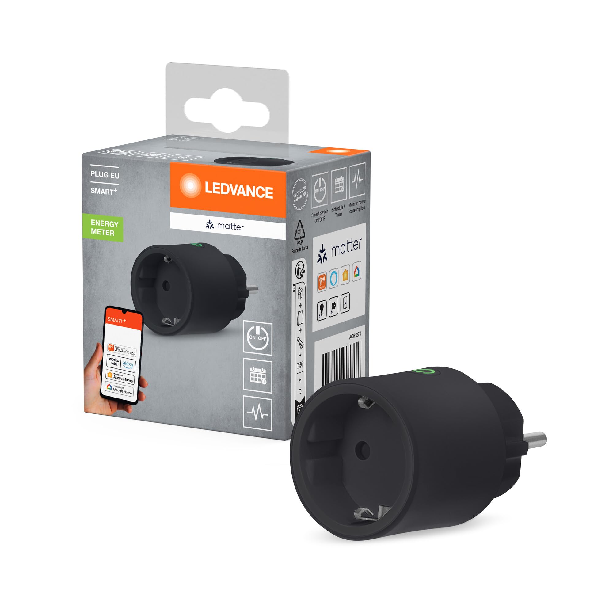 LEDVANCE LEDVANCE SMART+ Indoor Plug, Presa intelligente con Matter over WiFi, per l'integrazione di dispositivi tradizionali nella smart home, compatibile con Alexa, Google e Apple, nero, confezione da 1