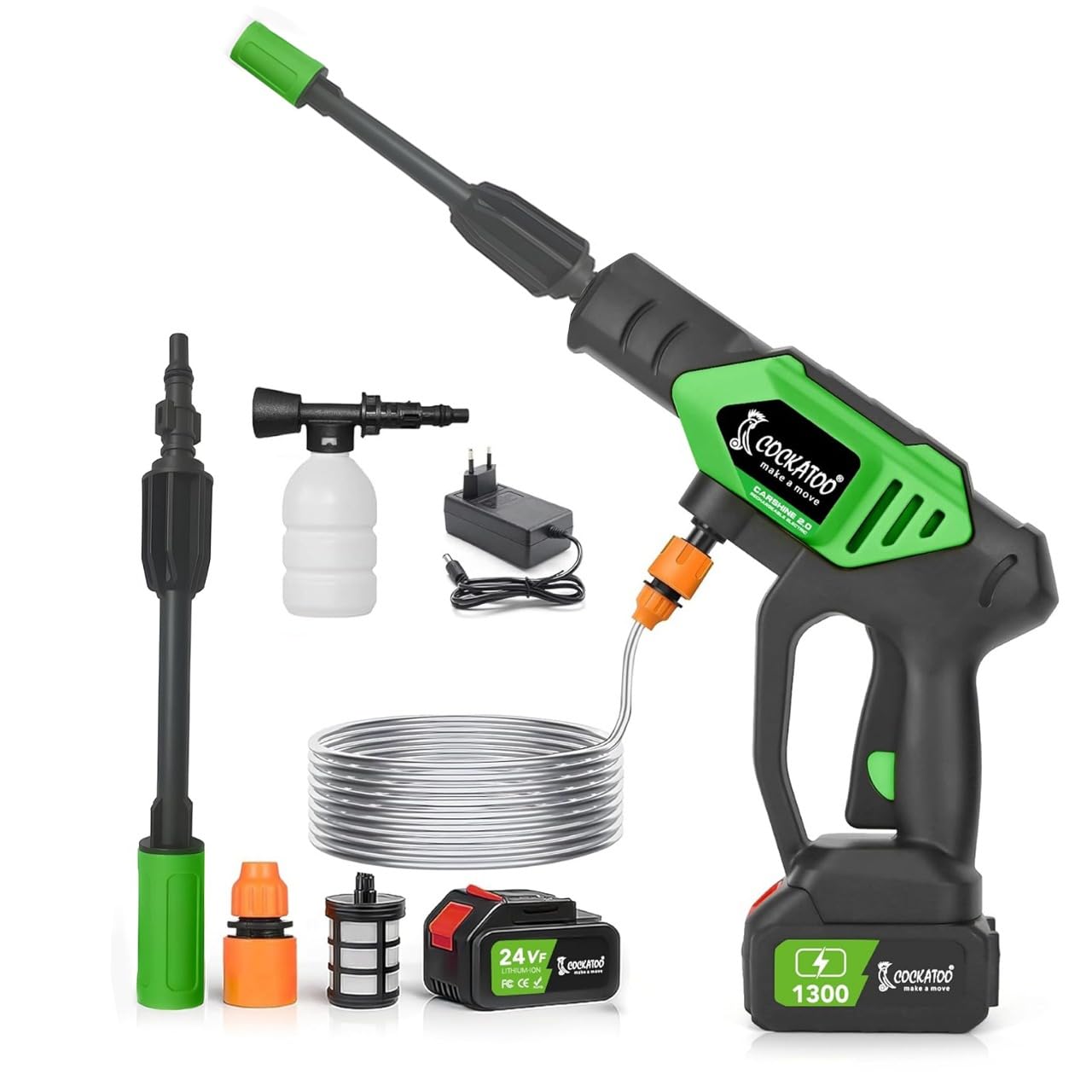 Cockatoo CarShine1.0 Rechargeable Pressure Washer Gun 21V Double Battery 10 Bar Pressure 4L/min Flow Portable Car Bike Garden Cleaner Aluminium Motor Foam Bottle Cordless High Pressure Cleaner