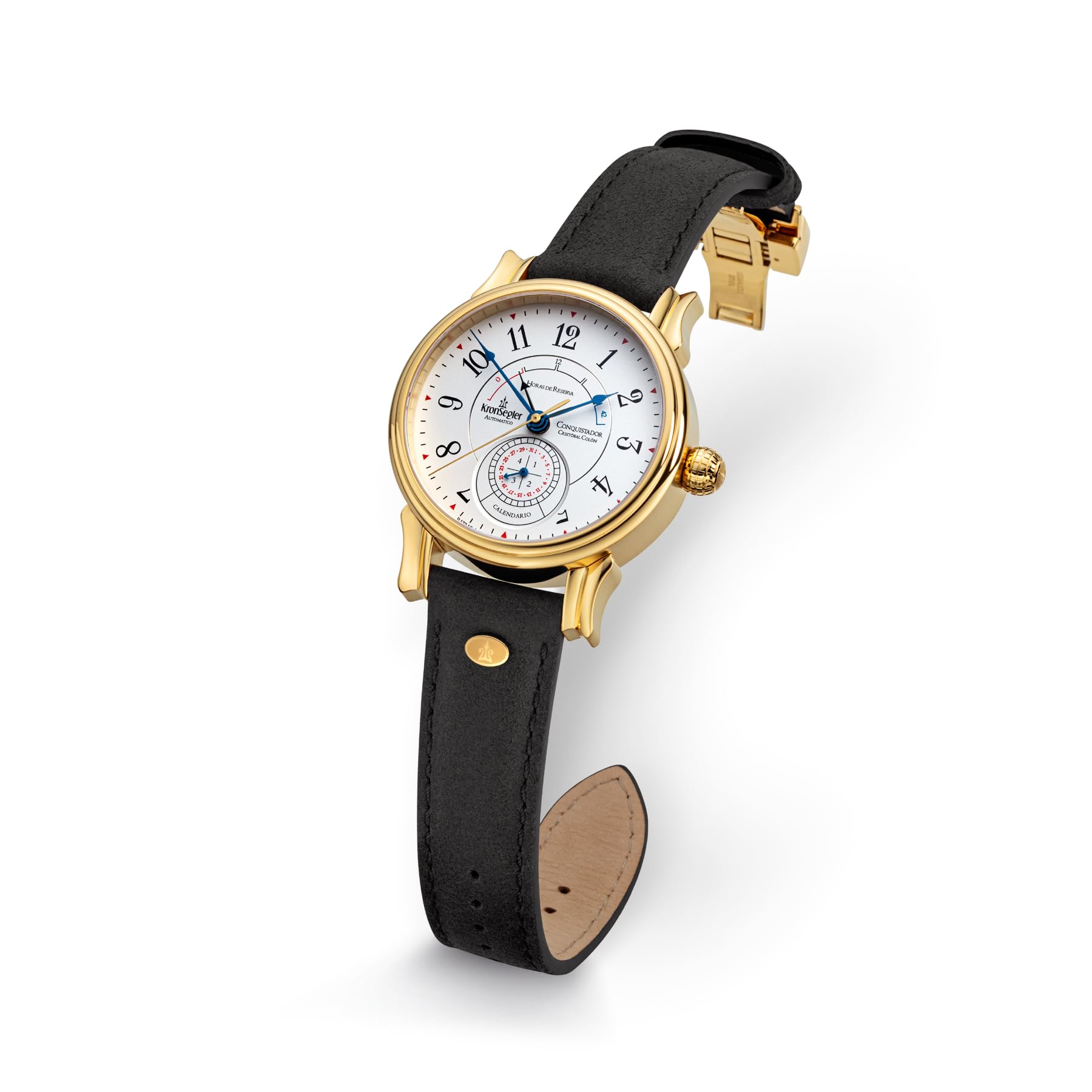 Kronsegler Conquistador Gold - weiß | Automatik Herrenuhr mit Gangreserveanzeige | Saphirglas, Zeigerdatum, Lederband, Faltschließe
