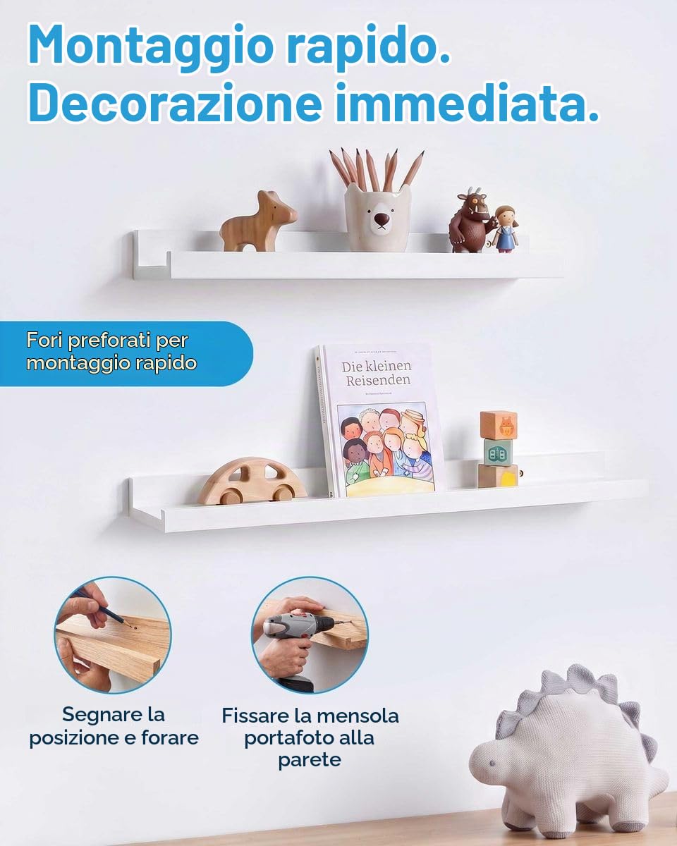 PHOTOLINI Mensola per foto, stabile in legno MDF bianco 70 cm, pannello galleria, set da 2, pannello da parete per foto, poster, per una configurazione flessibile, forma a U, facile da montare