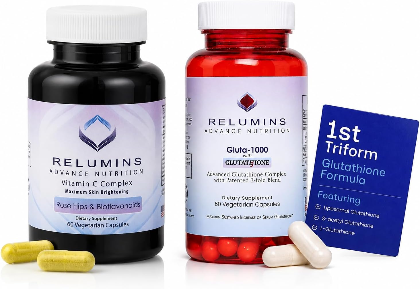 Relumins Advance Nutrition Gluta 1000 and Advance Vitamin C - MAX Skin Lightening Complex- 30 Glutathione Capsules + 60 Vitamin C Capsules