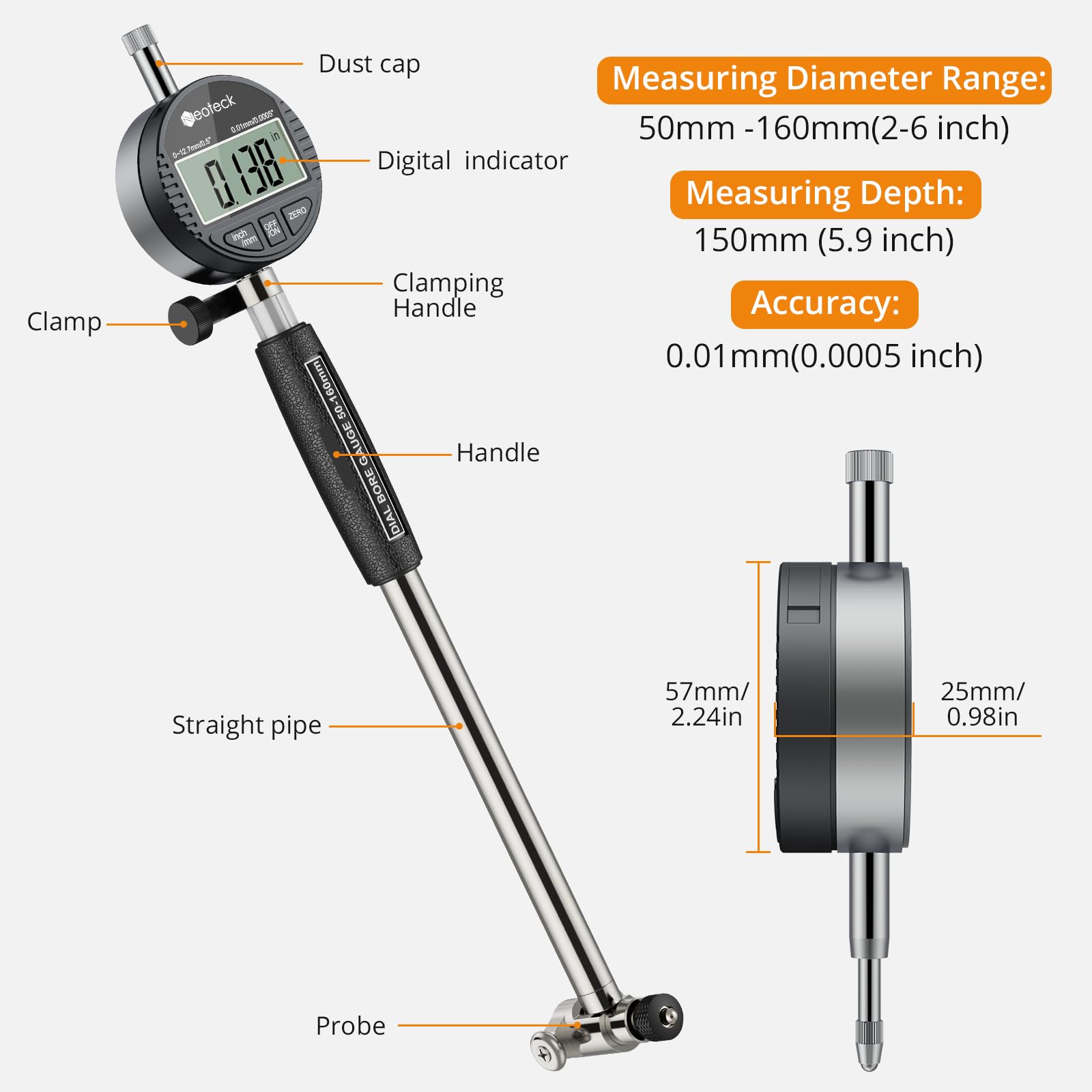 Neoteck Cyfrowy rozwiertak 50-160 mm z tarczą, precyzyjnymi otworami 0,01 mm, zestaw 12 głowic + drążek do warsztatu mechanicznego, do konserwacji samochodów, obróbki metalu, srebrny + czarny