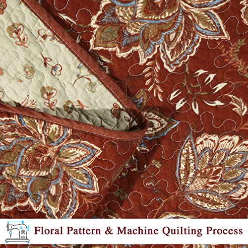 Qucover Quilted Bedspread King Size Soft Warm Cotton Reversible Wine Red and Beige Floral Printing Quilt Coverlet Set, All Seasons Bedspread Quilted with Pillowcase, 240x260 cm - Cosy Home Interiors Qucover Quilted Bedspread King Size Soft Warm Cotton Reversible Wine Red and Beige Floral Printing Quilt Coverlet Set, All Seasons Bedspread Quilted with Pillowcase, 240x260 cm - Image 4