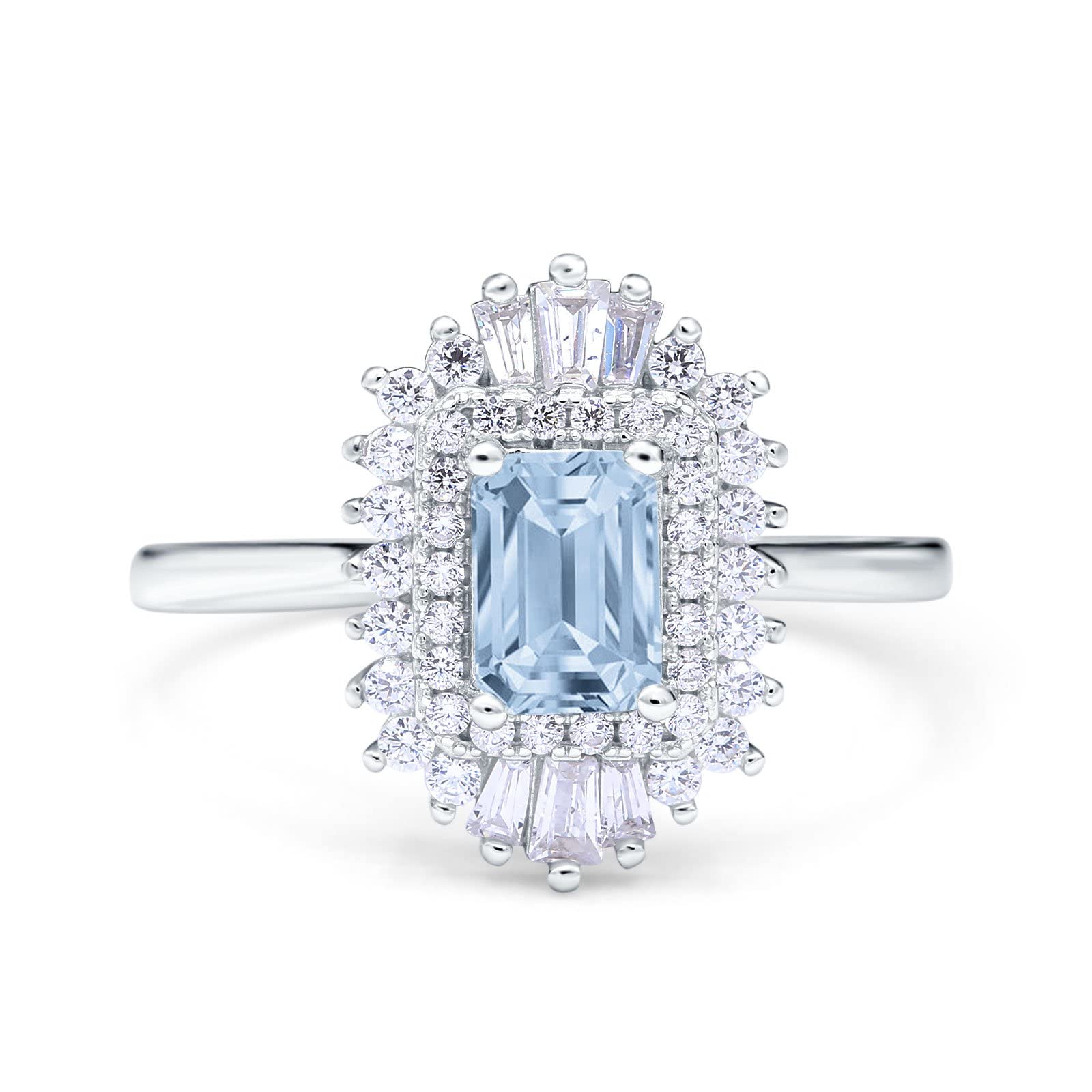 Emerald Cut Vintage Art Deco Halo Wedding Bridal Engagement Ring Baguette Simulated Cubic Zirconia 925 Sterling Silver