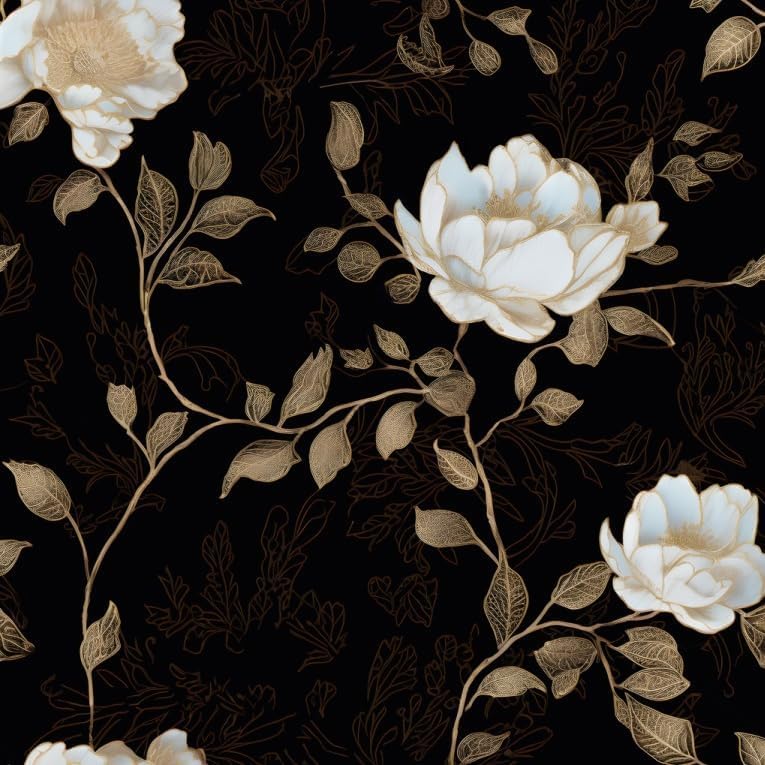Laatse Black Golden Floral Peel and Stick Wallpaper Flowers Contact Paper 17.5" x 393" Self Adhesive Waterproof Vintage Dark Floral Wall Paper for