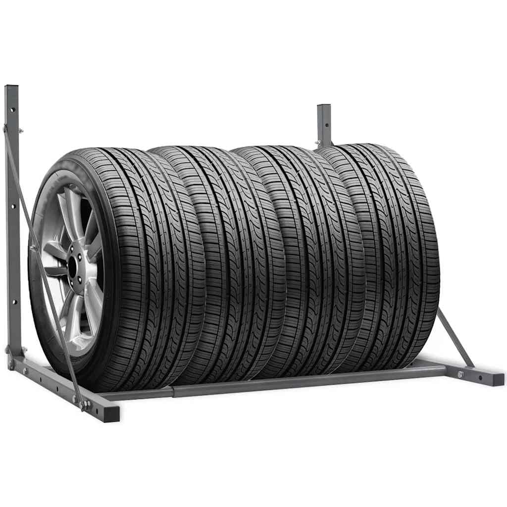 Scaffale per pneumatici argentato in acciaio zincato, pieghevole, regolabile da 81 a 122 cm di larghezza, portata fino a 136 kg, supporto da parete per pneumatici, portabiciclette