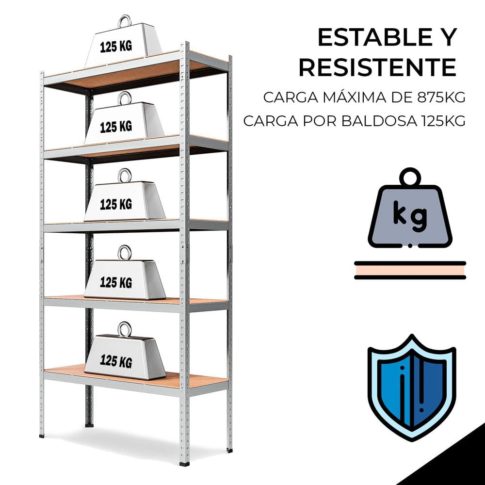 YOEVU - Estantería Almacenaje, 180X90X40cm, Metalica, Acero Galvanizado, Modular, 875kg de Carga, 5 estantes Ajustables, para Hogar, Trastero, Garaje (Acero, 90x40cm)