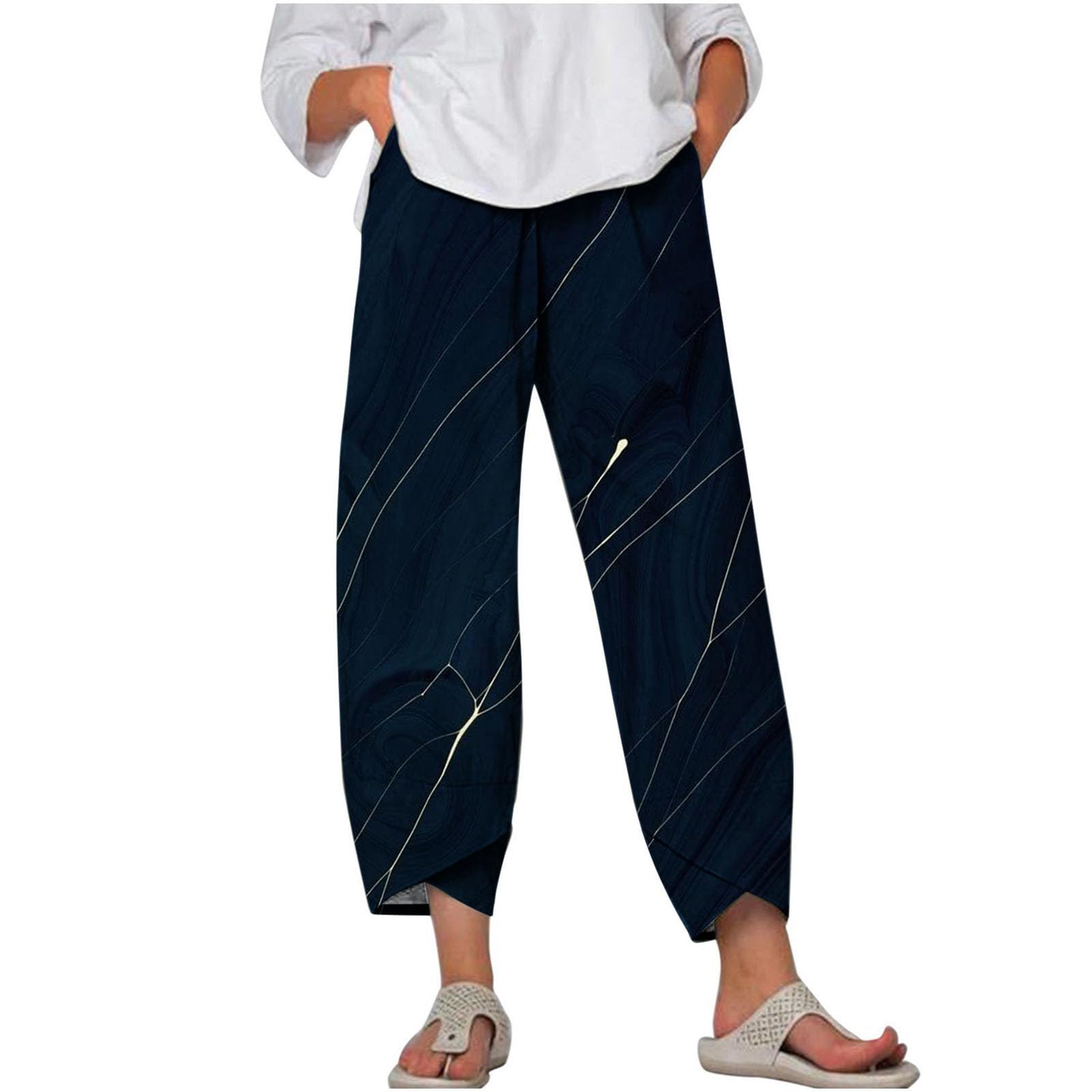 7/8 Hosen Damen Sommer Musselin Leinen Damen Hose Leinen Baumwolle Farbverlaufsdruck Sommerhose Casual Leichte Bequeme Luftige Freizeithose Strandhose Mit Taschen Stretch High Waist mit Kordelzug