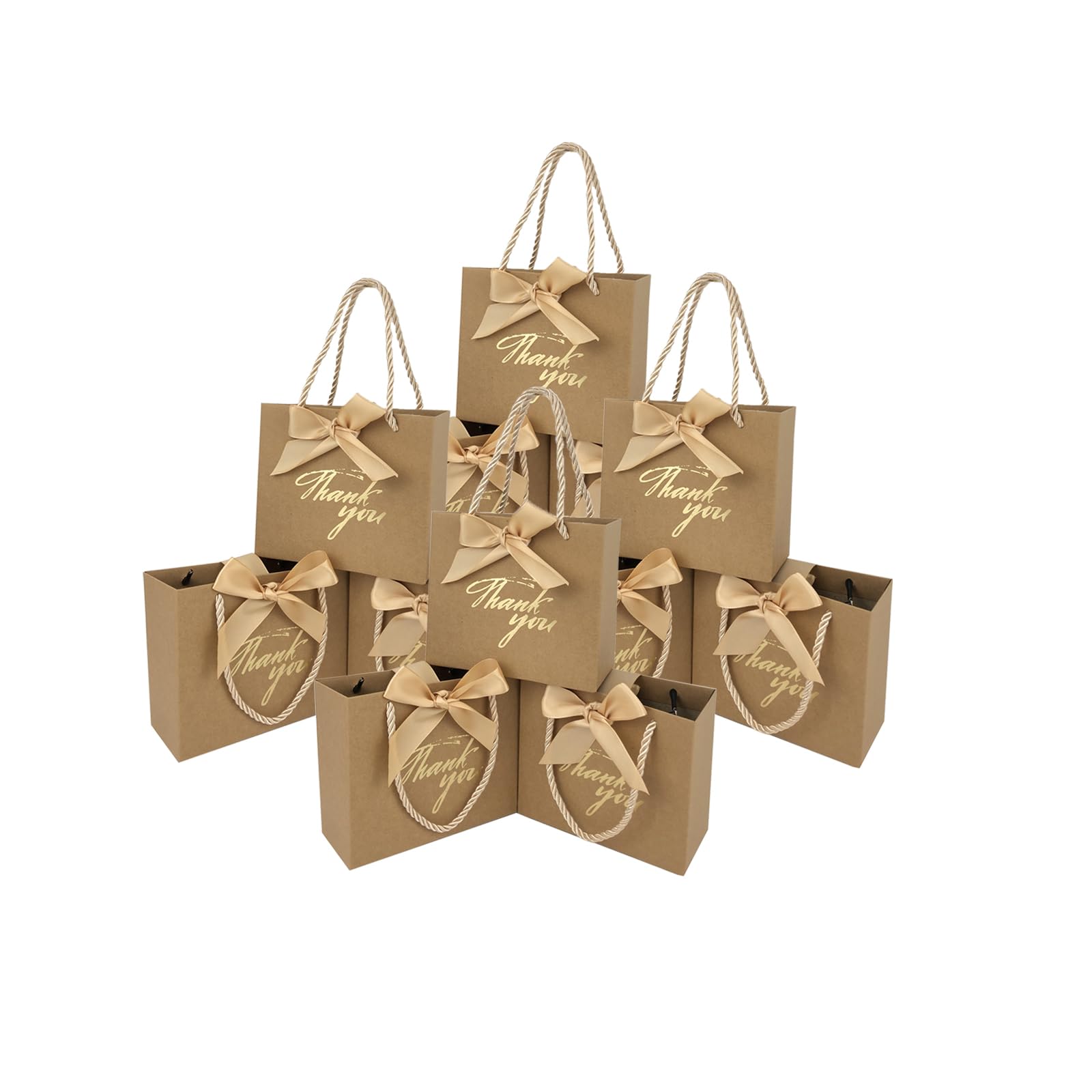 TKSBAG 50 sztuk 14 x 6 x 11 cm małe torby na prezenty, małe torebki na prezenty z podziękowaniami, z uchwytami, brązowe mini torby do pakowania prezentów na wakacje, ślub, baby shower, urodziny,