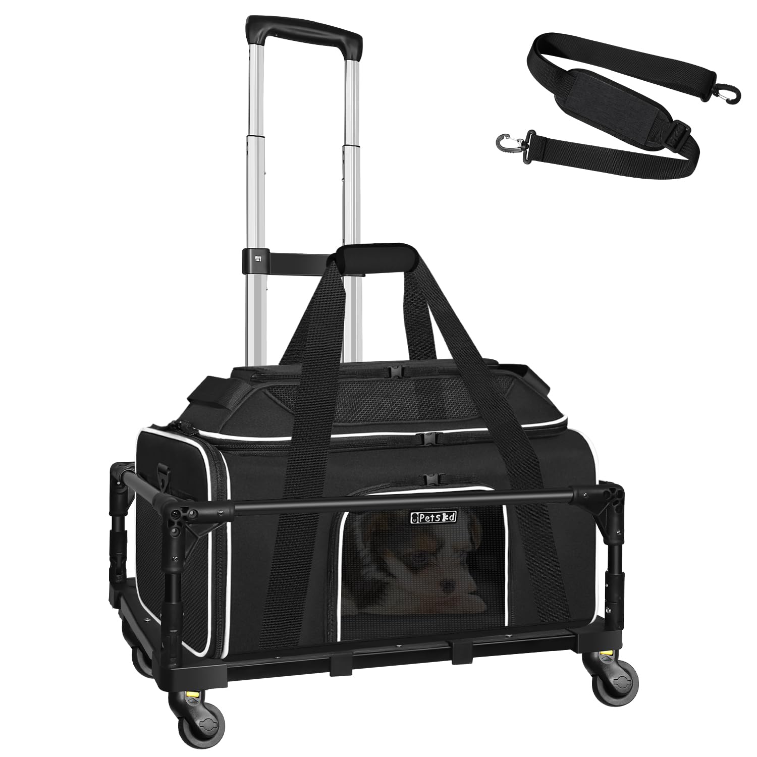 petskd top-expandable small pet carrier with wheels(18" l x 13" w x 9.5" h), southwest airlines approved, rolling pet carrier for small dogs & cats (black)