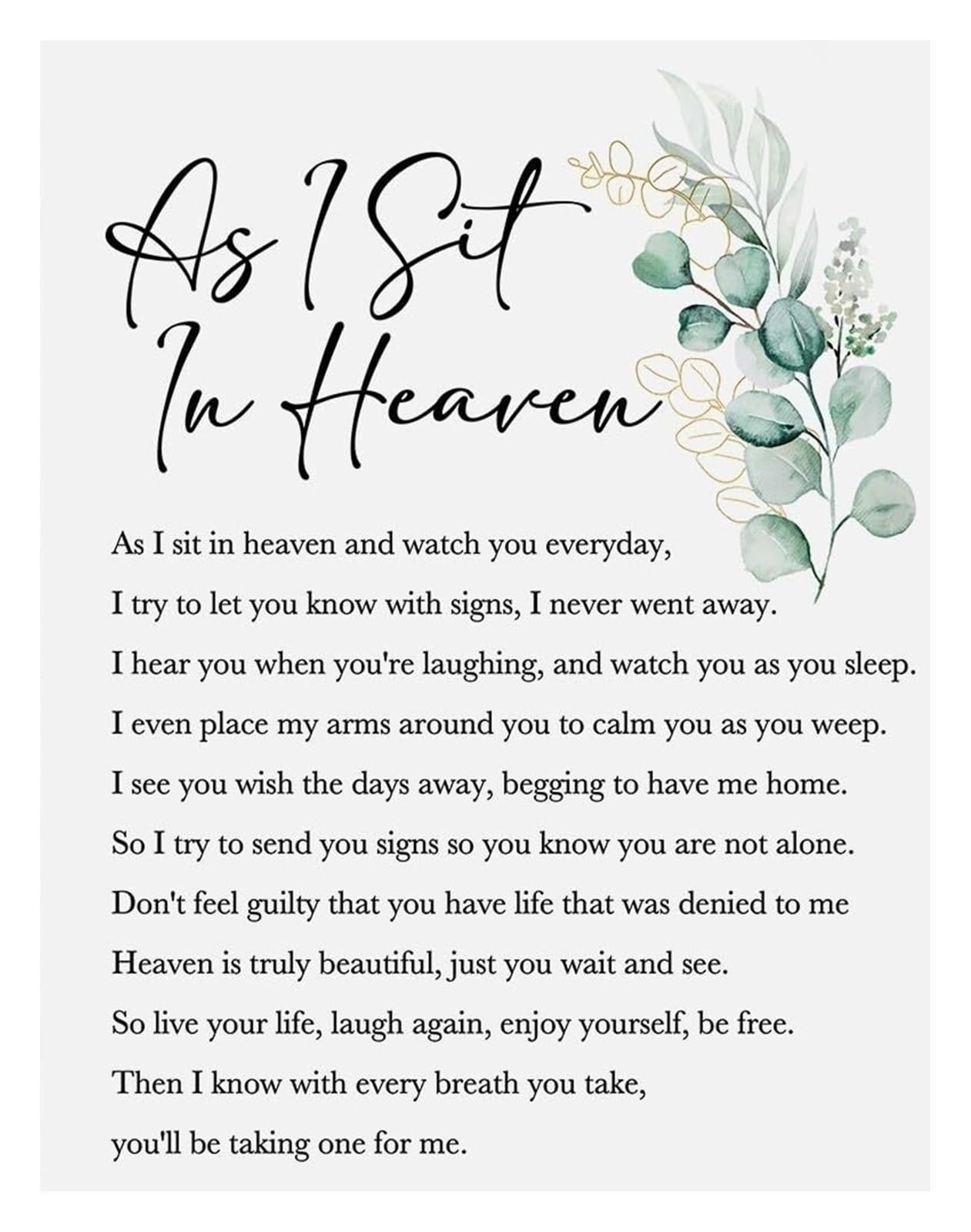 HGETJOHXEM Sympathy Gift Wall-Art - As I Sit in Heaven Comforting Quote for Loss, Remembrance Decor for Bedroom(Unframed,08x12inch(20x30cm))