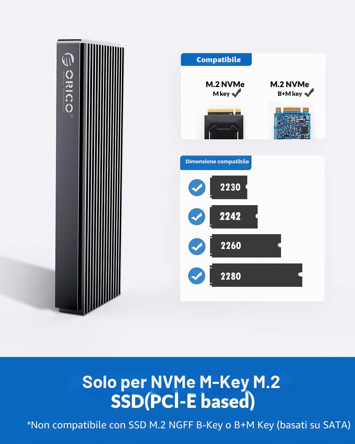 ORICO 20Gbps M.2 NVMe SSDCase esterno portatile USB 3.2 Gen 2x2 Alluminio Supporta i formati 2230, 2242, 2260, 2280 (M/B+M Key) fino a 8TB Perfetto per PS5, Laptop e Desktop M2PAC3