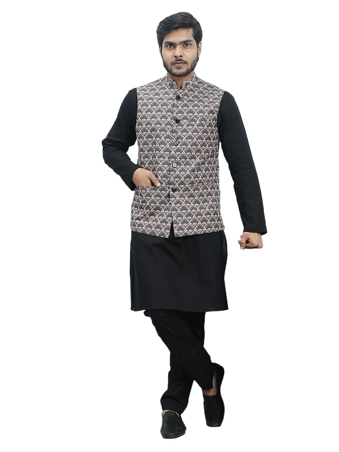 Pyjama Kurta noir homme d'exception et sa veste Nehru en coton - 8