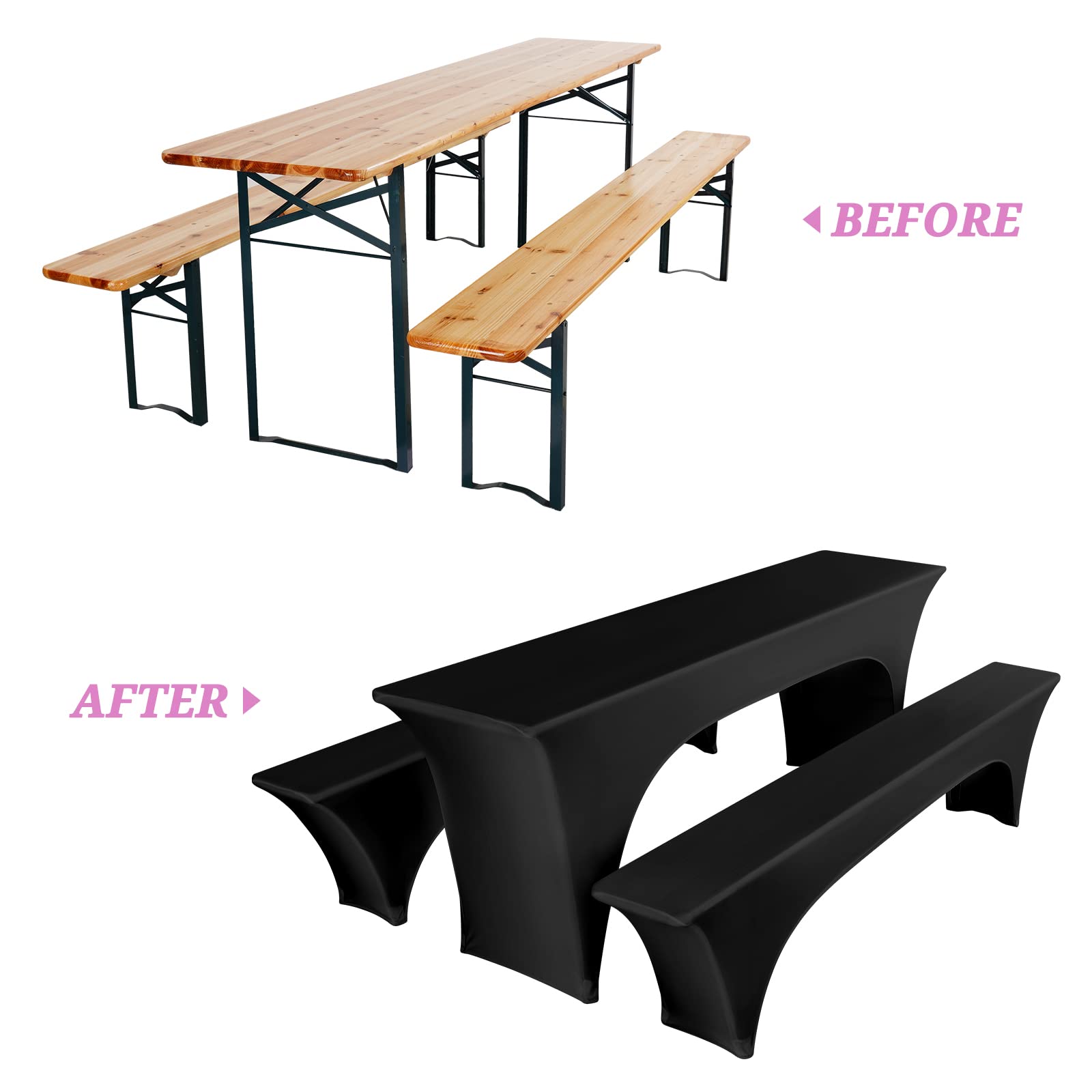 EBETA E copritavolo elastico per panca da birra e tovaglia, 70 cm, set da 3 pezzi di larghezza, copertura elastica per tende da festa, copertura per panchina (nero
