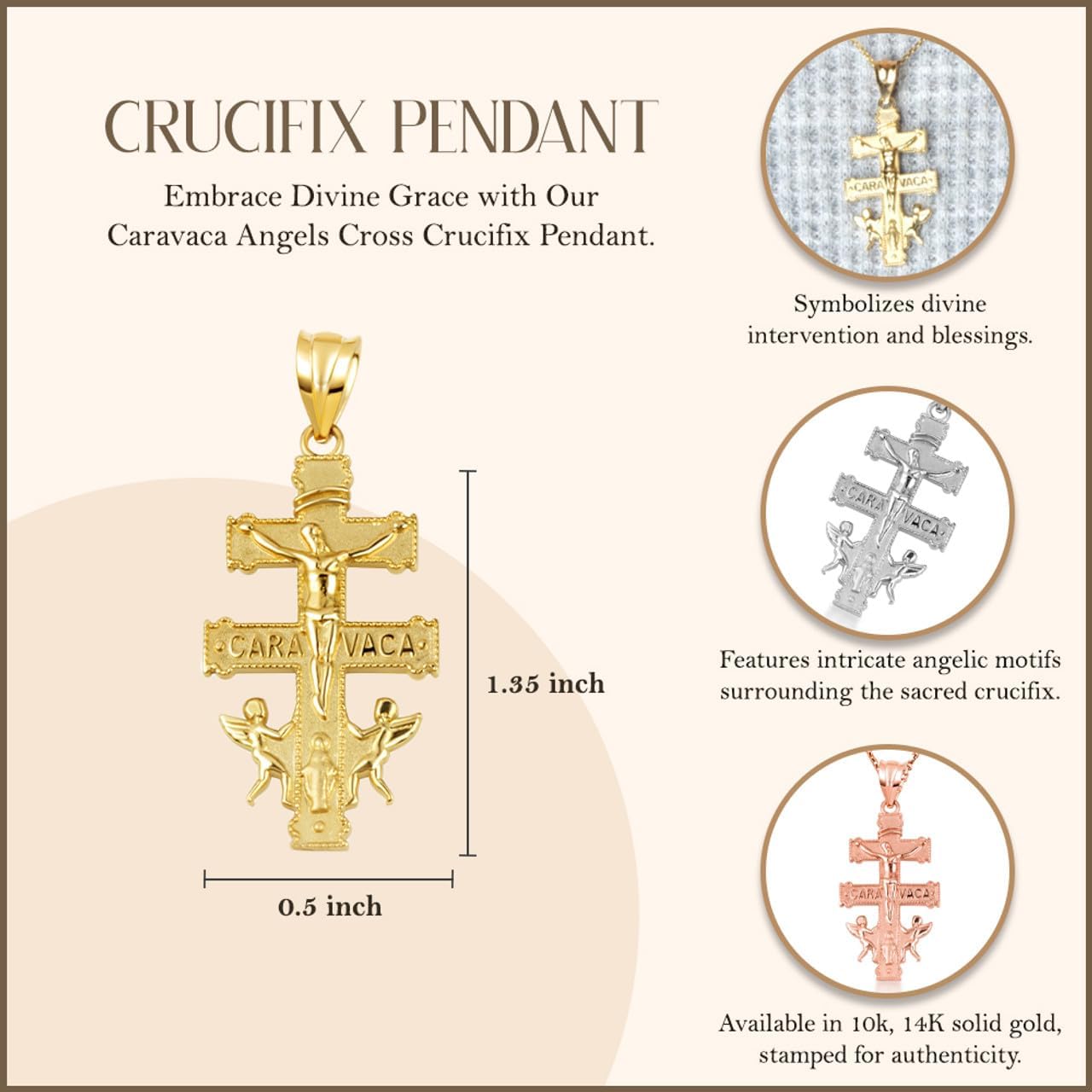 Claddagh Gold 14K Caravaca Angels Cross Crucifix Pendant Necklace Available in Yellow Rose and White Gold