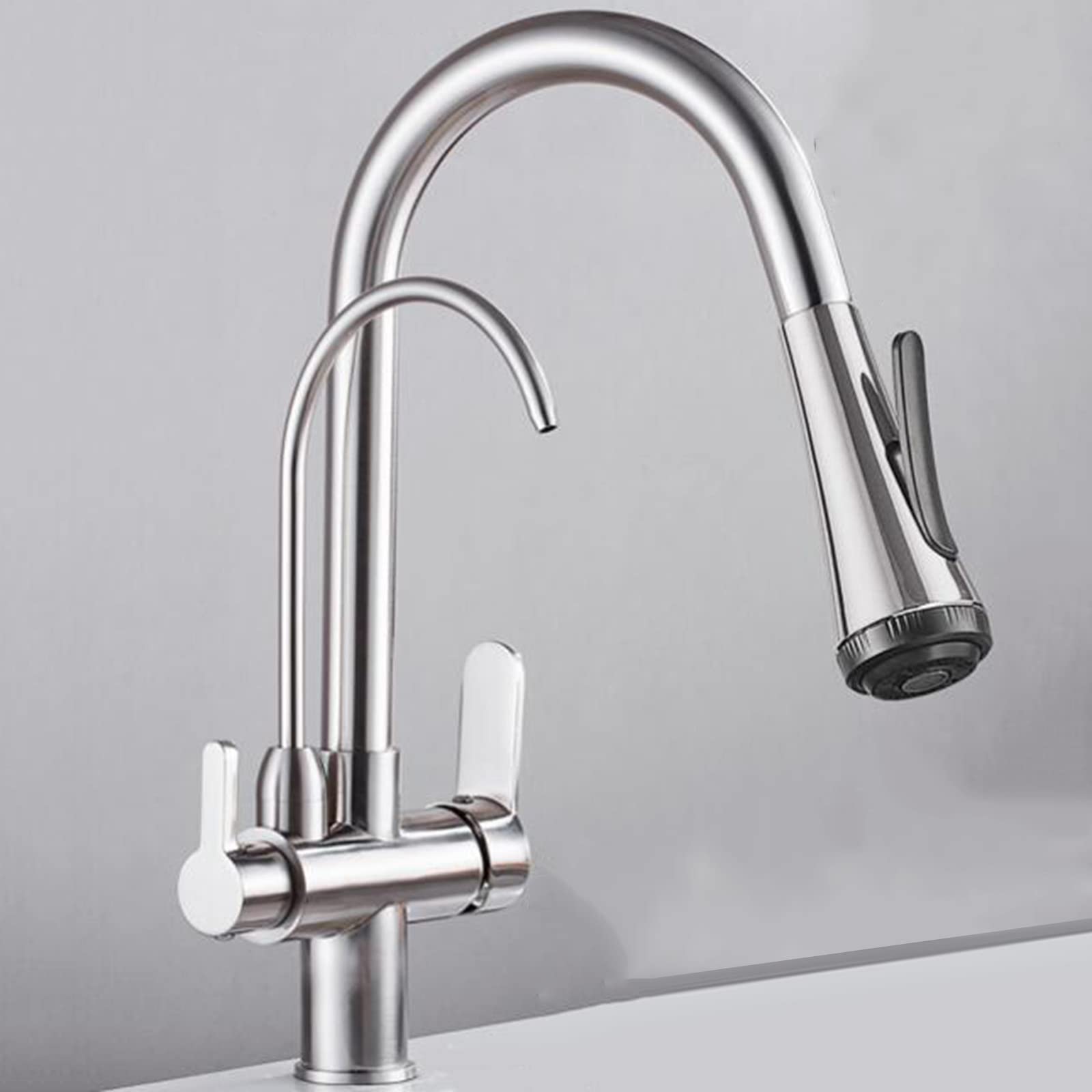 3 Way Kitchen Taps with Pull Out Spray Brass Hot and Cold Water Swivel Multifunction Sink Faucet Purifier Tap
