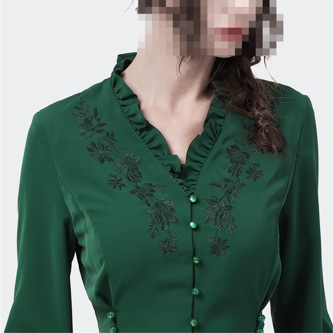 Disimlarl Vintage haft damska koszula marszczona dekolt w serek satynowy top elegancka wąska tunika bluzki, Ciemny Gn, L