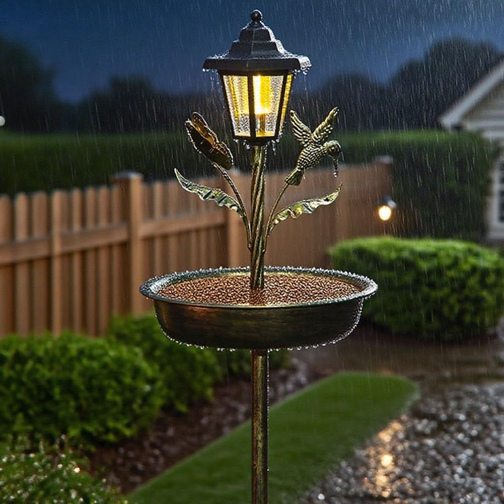 Mangiatoia solare per uccelli e vasca da bagno, con luce automatica, in metallo robusto, decorazione da giardino, per cortile, fauna selvatica, finitura marrone, altezza 104 cm (antico)