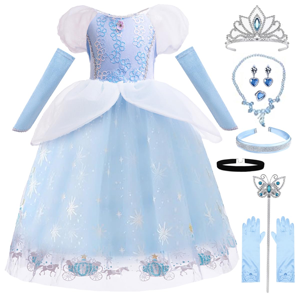 iTVTi Cinderella Dress for Girls Kids Blue Princess Costume Halloween Carnival Fancy Dress Up for Cosplay, 7-8 Years(Tag 150)