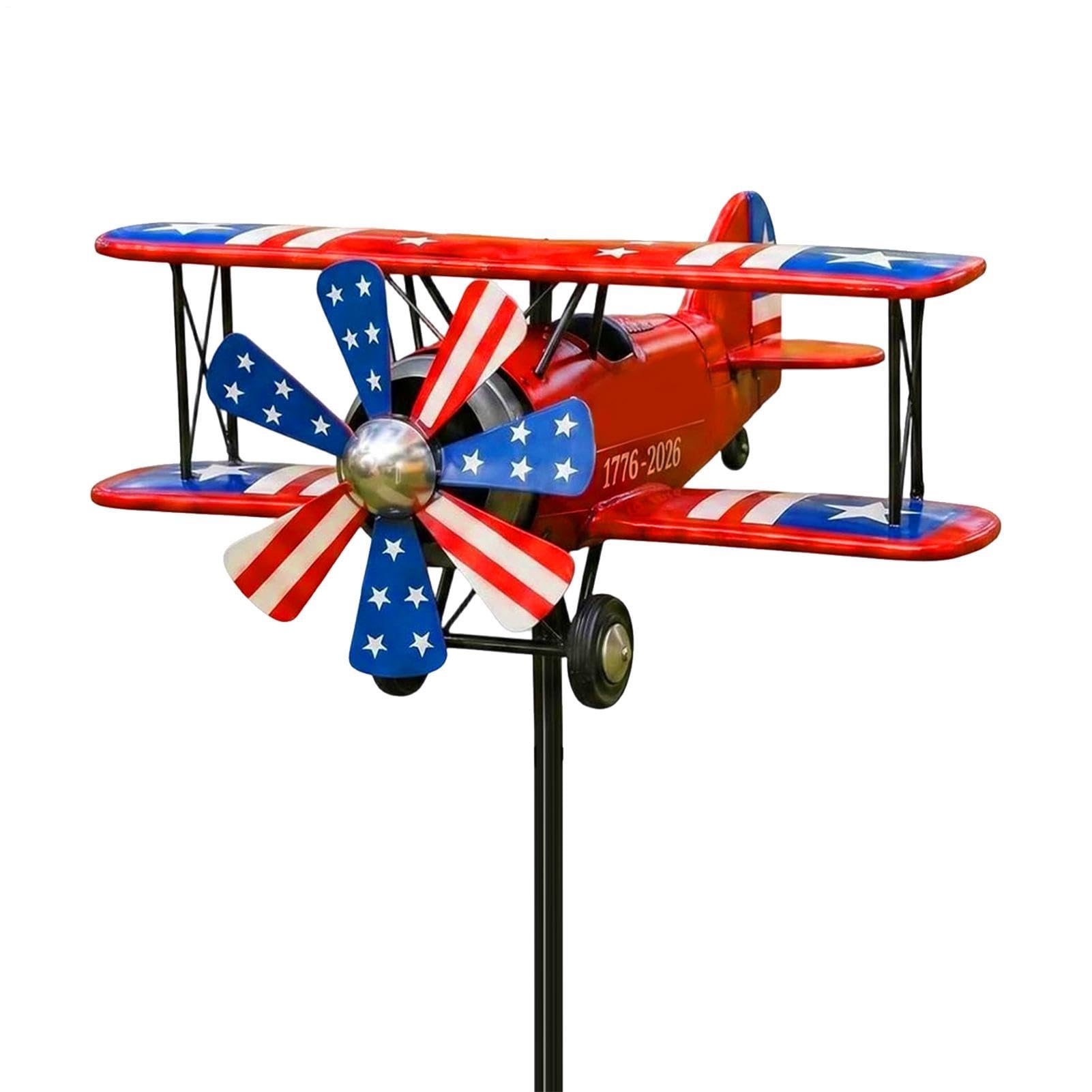 Airplane Yard Wind Spinner - 4th of July Biplane Pinwheel Garden Windmill | Patriotic Outdoor Lawn Decoration Rotating USA for Garden, Patio, Porch, Landscape Decor