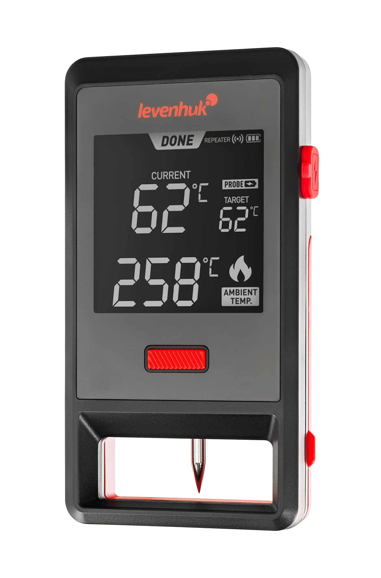 Levenhuk BT30 BT30 bezprzewodowy termometr do mięsa z cyfrową sondą do natychmiastowego odczytu, LCD, timerem i alarmem, kompatybilny z aplikacją Bluetooth, BBQ, piekarnikiem, grillem i wędzarnią