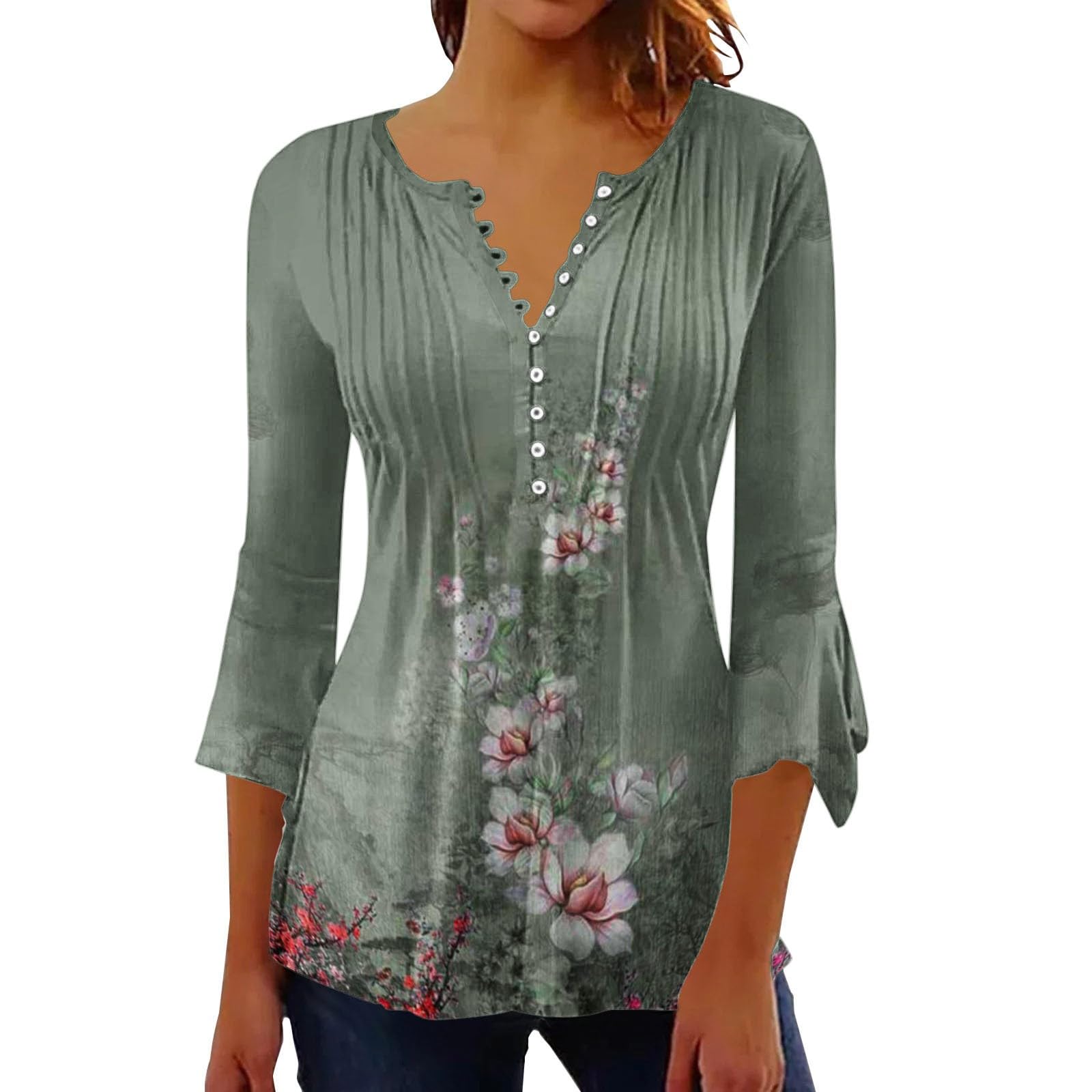 Womens 3/4 Sleeve Tunic Tops Henley Shirt V Neck Button Up Blouse Casual Pleated Basic Pullover Summer Tee Shirt