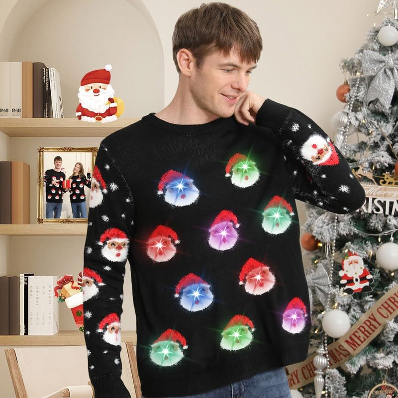 Ugly Christmas Sweaters for Men,Light up Christmas Sweater,Funny Unisex Cute Womens Holiday Black Xmas Sweaters 2XL - Image 2