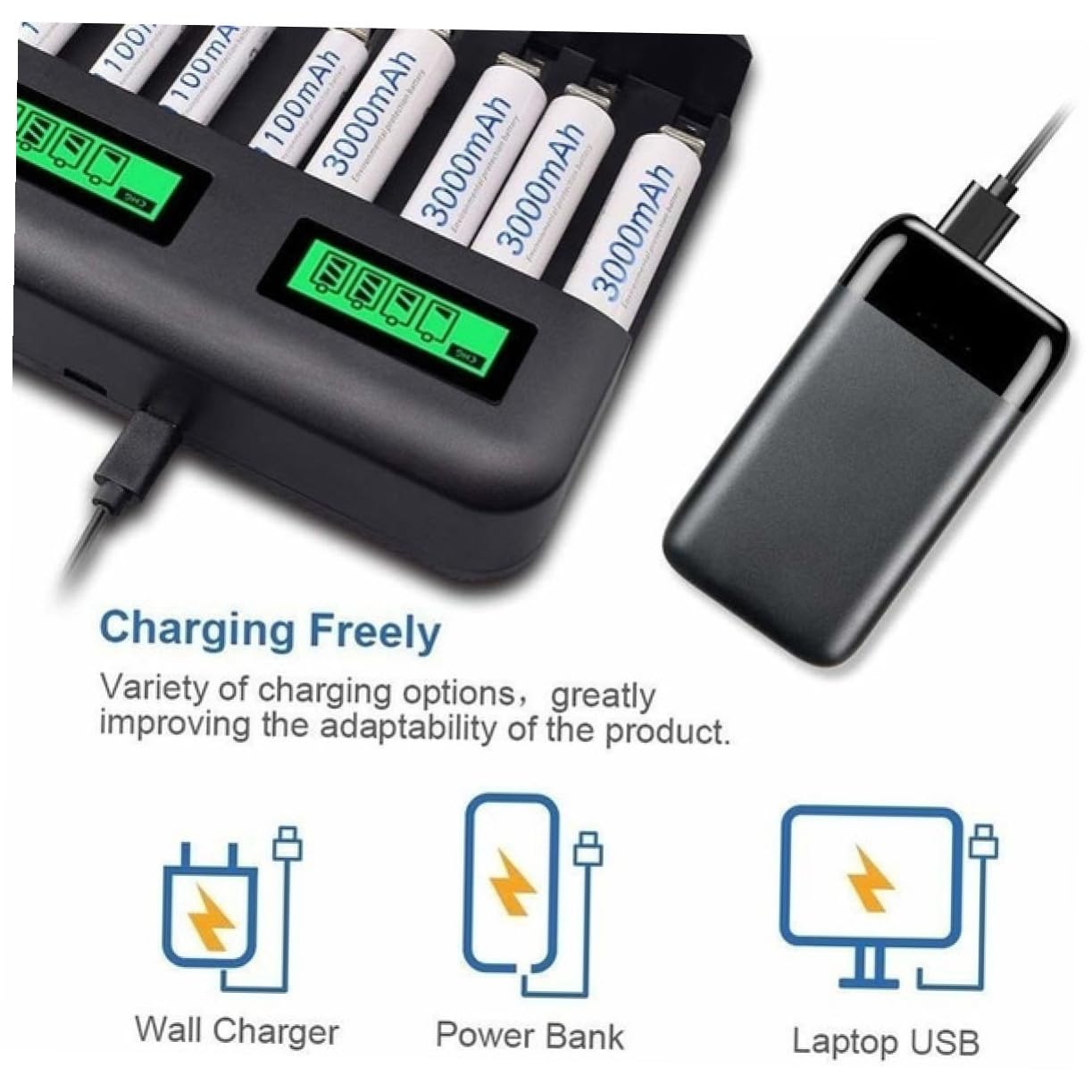 LABRIMP Cargador Inteligente de Pilas Recargables con Pantalla LCD Ranuras Independientes para Baterías AA AAA y C Protección Múltiple y Conexión USB Portátil