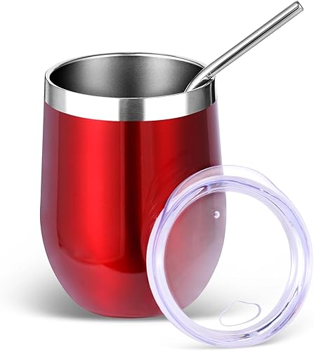 Miniatura 18 de Volhoply - Juego de 12 vasos de vino de 12 onzas con tapa, hechos de acero inoxidable con aislamiento al vacío de doble pared, vasos de vino sin
