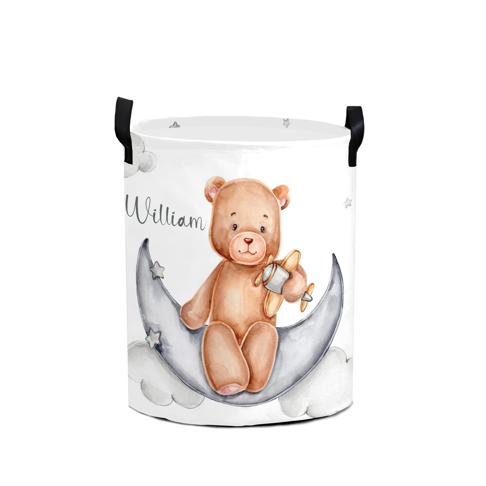 NZOOHY Teddy Bear Sits on Moon Personalized Waterproof Foldable Laundry Basket Bag with Handle, Custom Collapsible Clothes Hamper Storage Bin for Toys Laundry Dorm Travel Bathroom