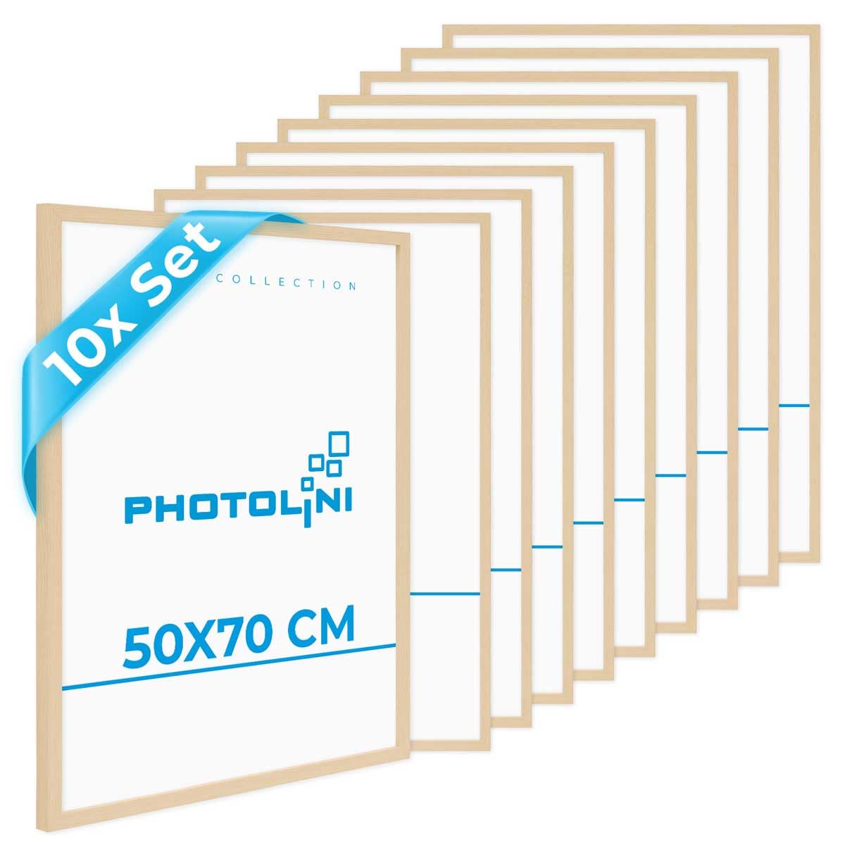 PHOTOLINI Marcos 50x70 cm madera MDF natural, set de 10 marcos para pósteres, cristal acrílico, para colgar, incluye accesorios - para fotos, láminas y pósteres