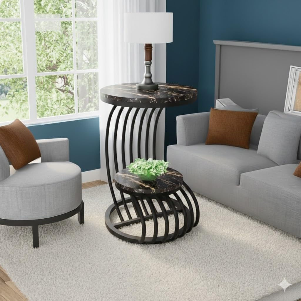 2 Tier Round Side Table with Black MDF Wood Top | Storage Shelf | Black Metal Frame | Accent End Bedside Coffee Table for Living Room Bedroom Balcony Office Apartment Home Decor Furniture-image-45